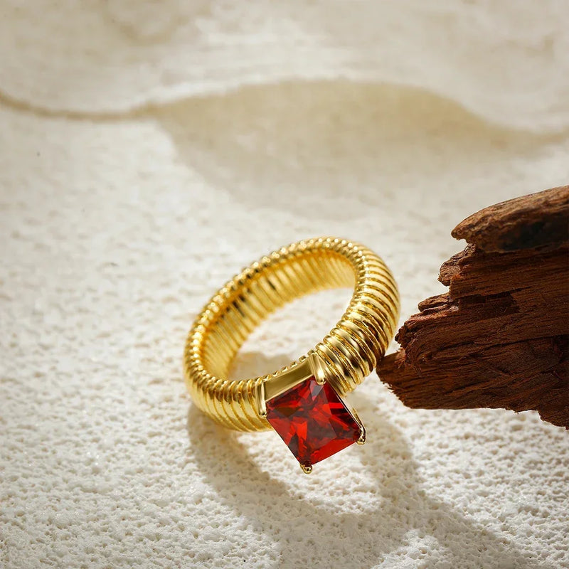 Chunky Gold-Plated Crystal Ring with Geometric Stripes