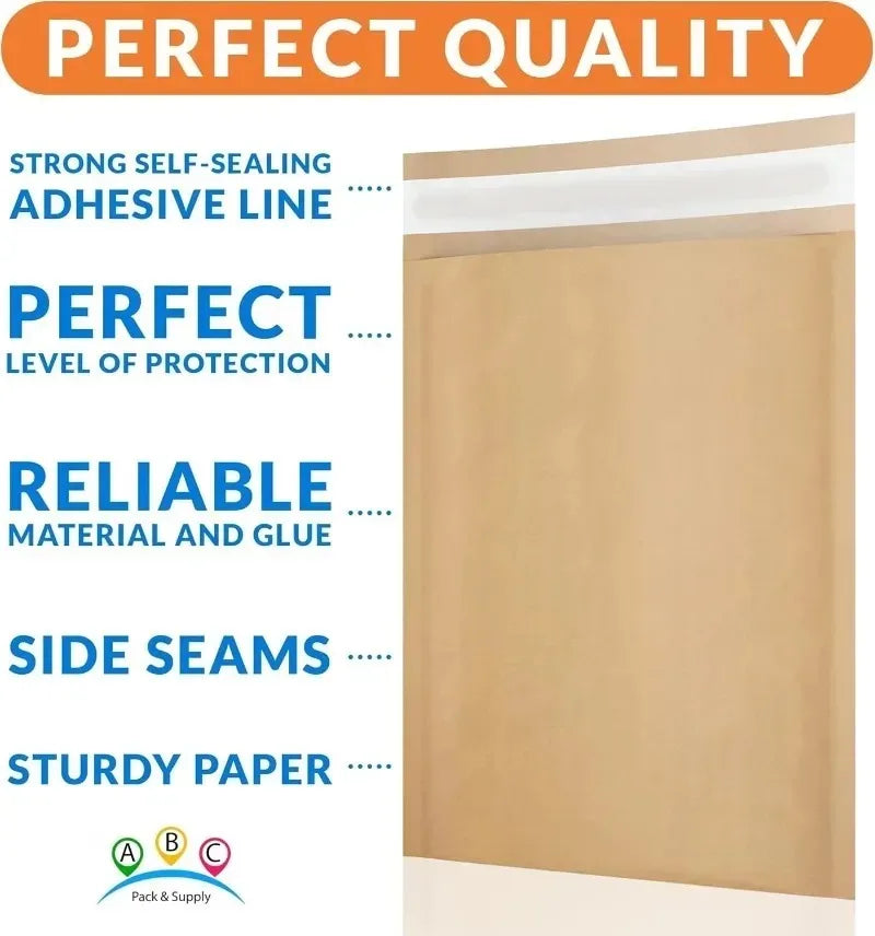 Kraft bubble mailers featuring a strong self-sealing adhesive line and side seams for reliable protection