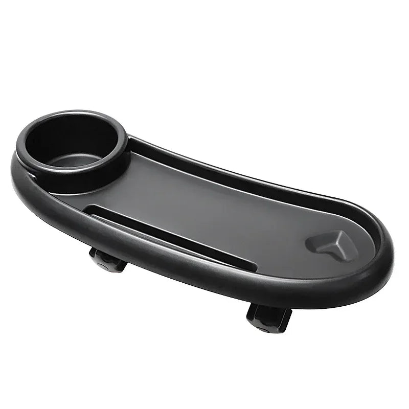 Black 3-in-1 stroller snack tray with a cup holder and phone slot.