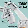 A close-up of a chrome faucet extender with a filter and dual spray modes, showing the 1080° rotating metal design.