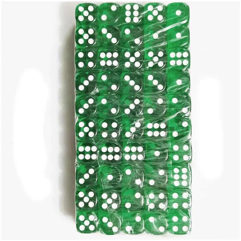 A grid of 100 transparent green acrylic D6 dice set for tabletop role-playing games and board games.