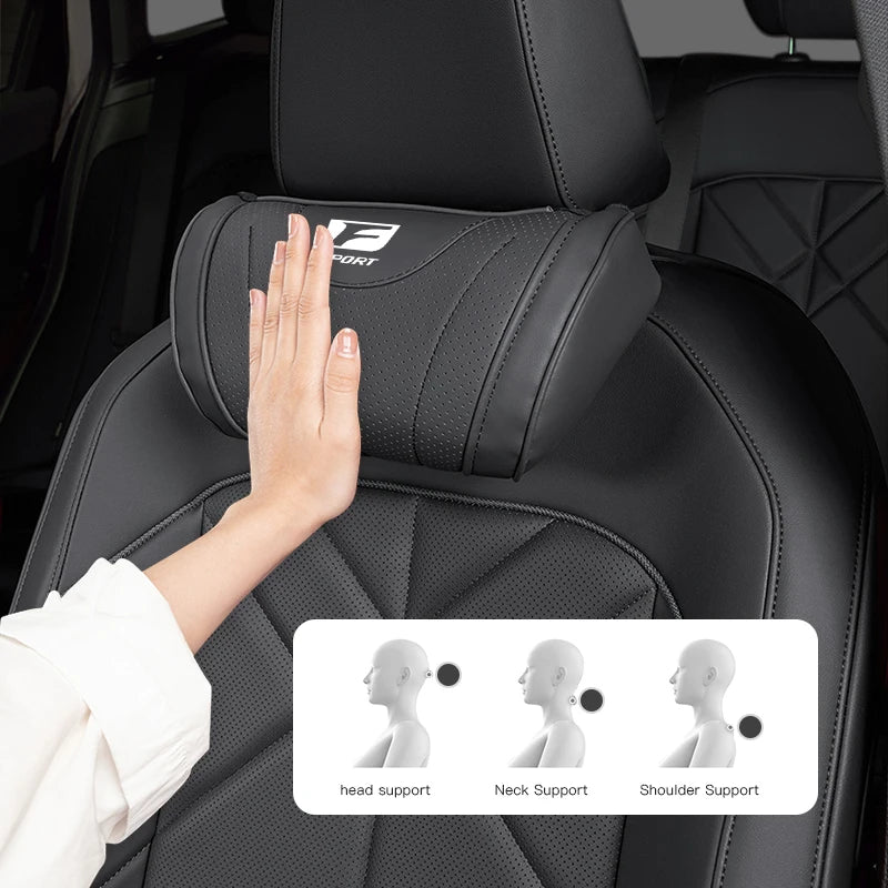 A hand is adjusting a memory foam car seat headrest neck pillow designed for head, neck, and shoulder support.
