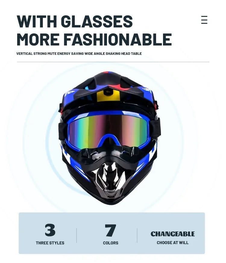 A black full-face off-road helmet with a multi-colored visor shown against a white background.