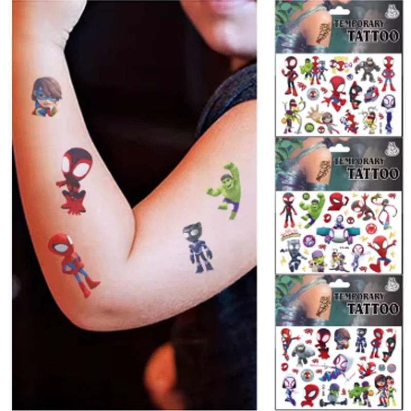 A collection of temporary Spidey and Friends tattoos featuring various characters for kids' parties