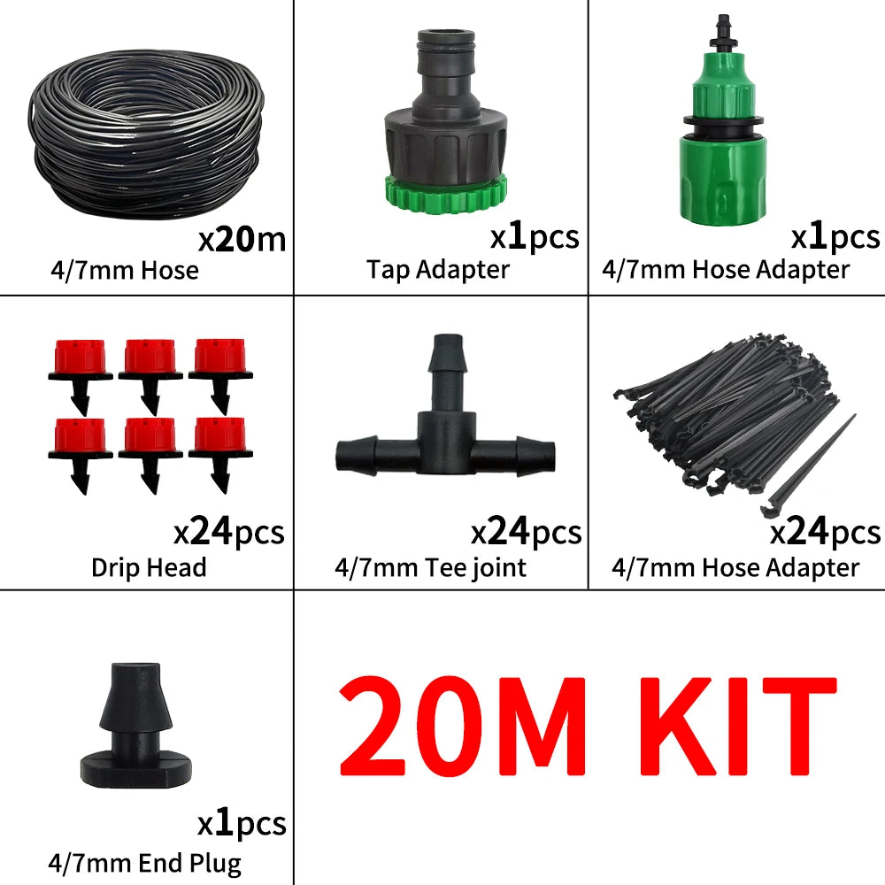 A kit containing various components for a 4/7mm micro drip irrigation system including hose, adapters, and drip heads.