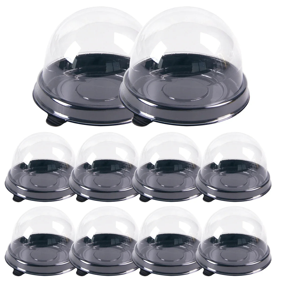 Un set de mini boîtes à cupcakes en plastique transparent avec couvercles en dôme, vue de dessus.
