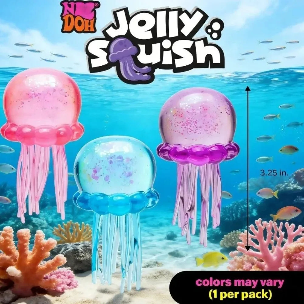 Pinkes und blaues Squishy-Gejede mit Korallen und Fischen, das unter Wasser schwimmt.