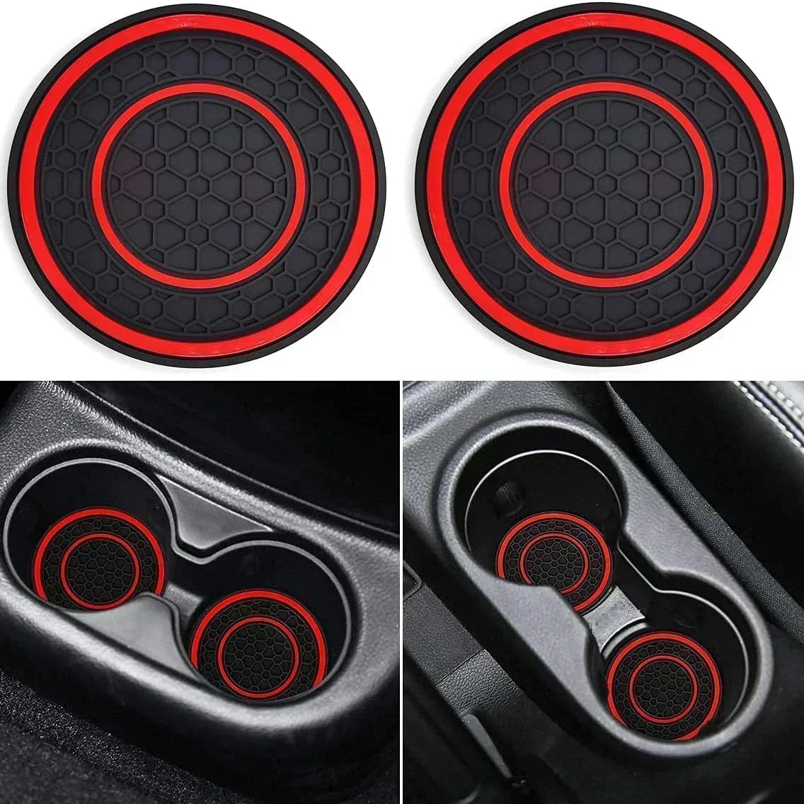Two black silicone coasters with a hexagonal pattern and red trim shown alongside their use in a car cup holder.
