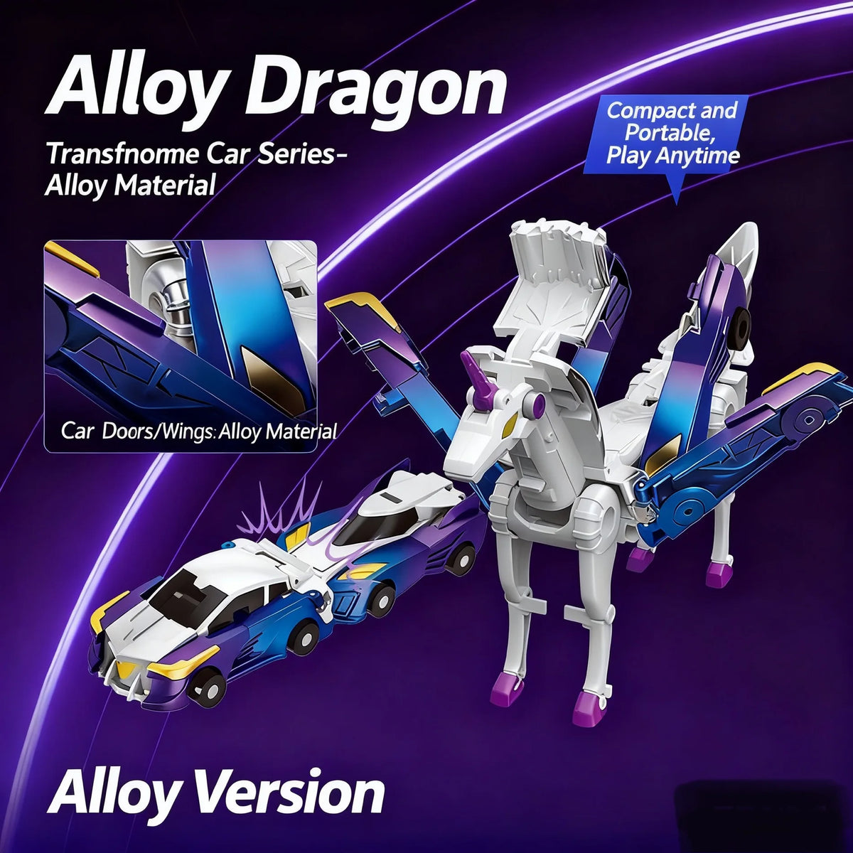 A white and purple transforming dinosaur car toy in alloy version with wings and legs.