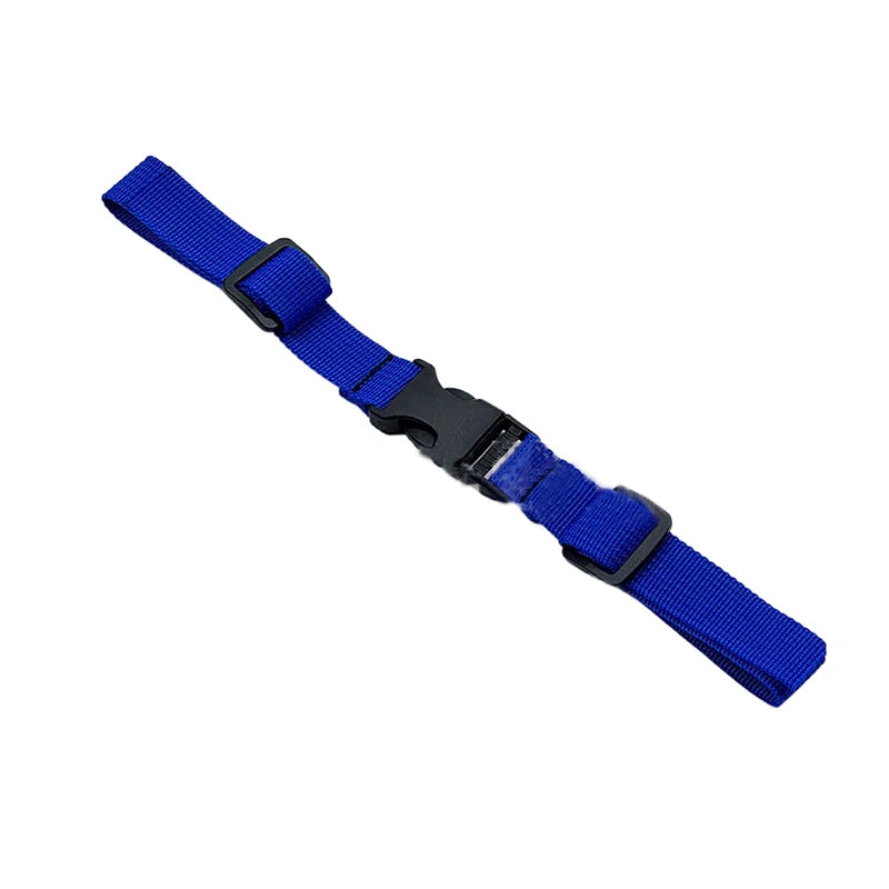 Blue adjustable backpack chest strap with black plastic buckle