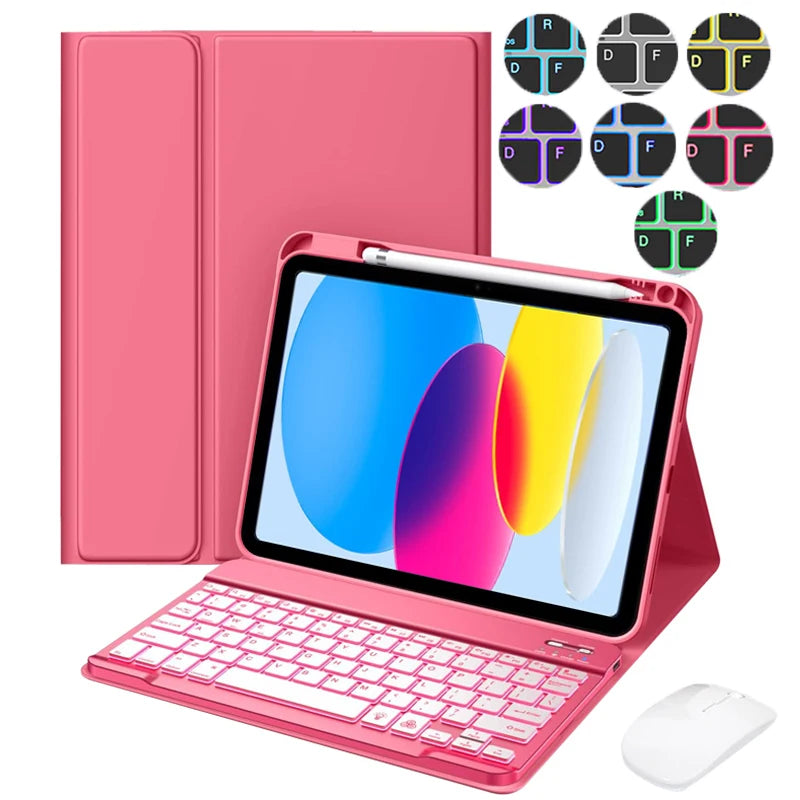 A pink iPad keyboard case with a built-in keyboard, a protective cover, and seven color options for the keys.
