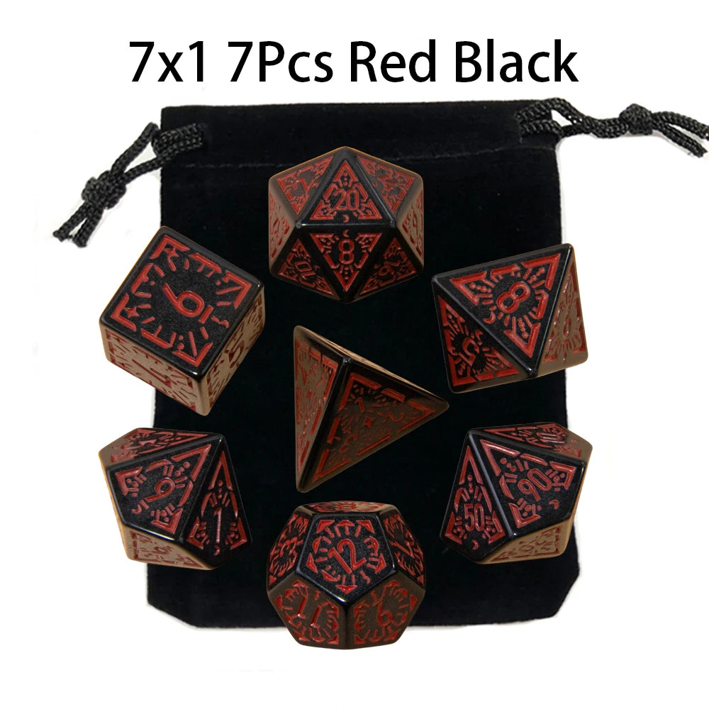 A set of seven polyhedral dice in red and black colors packaged in a black pouch.
