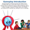 A red balloon burst game with a blue sphere is shown, surrounded by children playing.