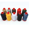 A collection of heavy-duty nylon bonded thread spools in various colors including beige, gray, red, green, and black.