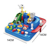 A blue interactive racing rail set featuring train, animal, and space rocket designs on a track.