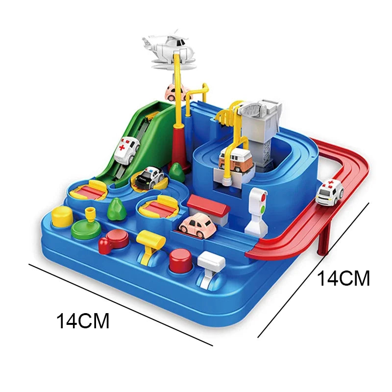 A blue interactive racing rail set featuring train, animal, and space rocket designs on a track.