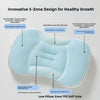 Light blue innovative 5-zone design baby pillow showing various support zones for healthy growth