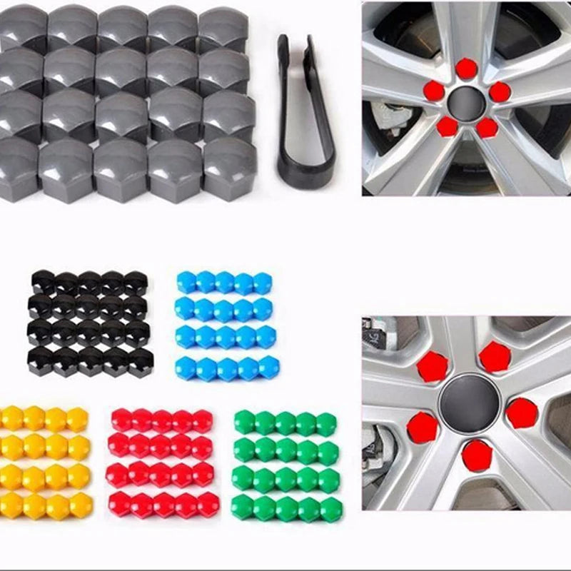 A collection of various colored and black nut cap covers for car wheel hub bolts.