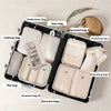 A set of black travel packing cubes and storage bags for organizing makeup, toiletries, and garments.