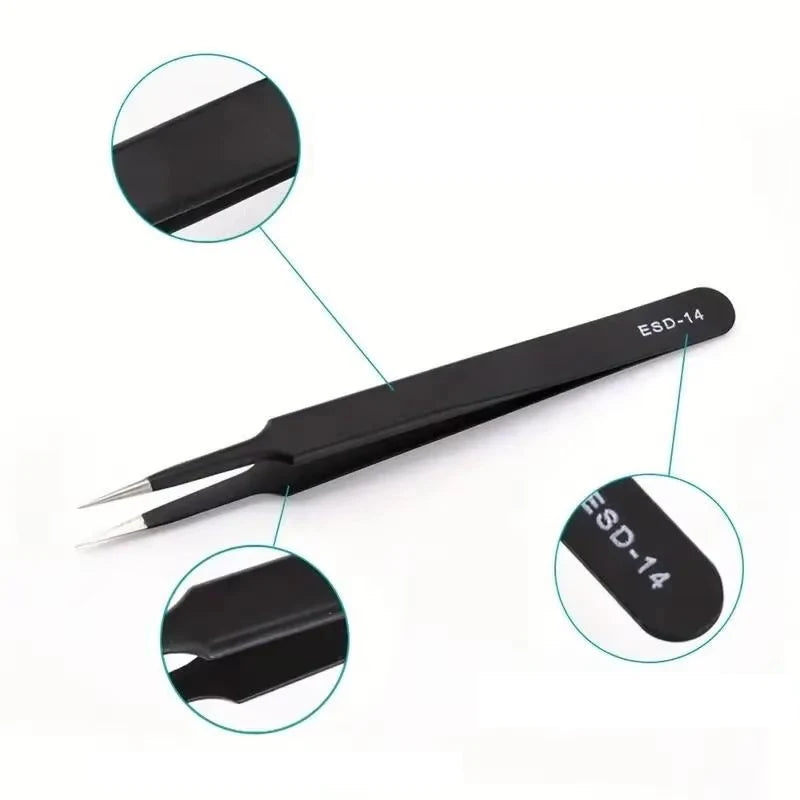 A set of six precision anti-static tweezers for electronics repair and crafting, shown with individual pieces.