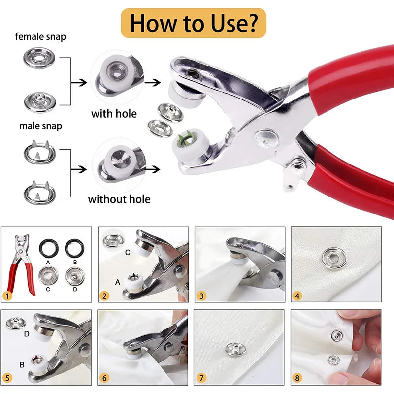 Diagram showing how to use metal snap buttons with and without holes on a clamp tool