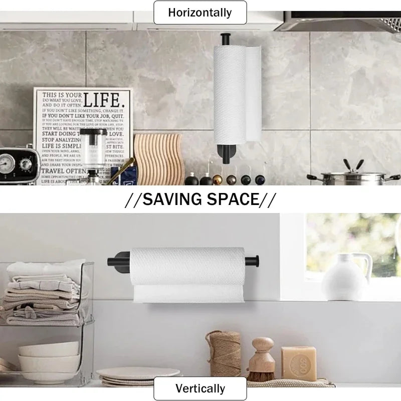 Stainless steel wall-mounted paper towel holder shown horizontally and vertically in a kitchen setting.