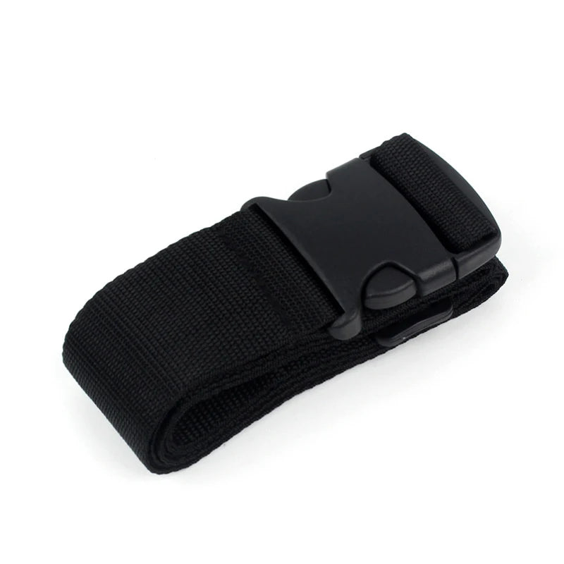 Black adjustable polyester luggage strap with a buckle for suitcase security