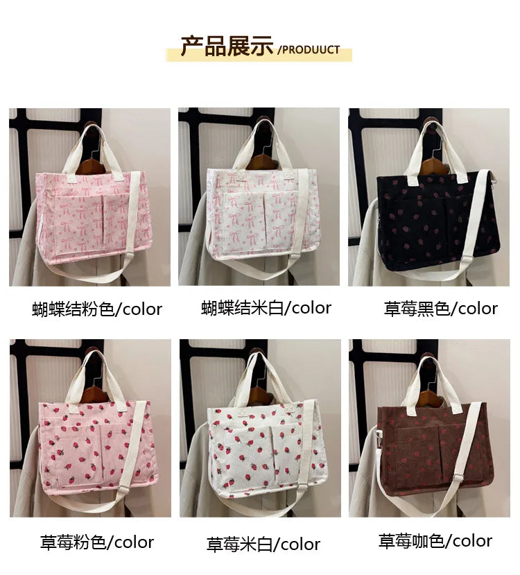 Strawberry Bowknot Canvas Tote Bag