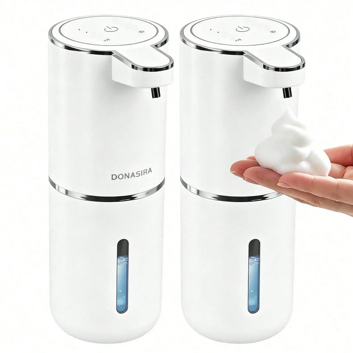 A white touchless automatic soap dispenser with a pump mechanism is shown next to a hand.