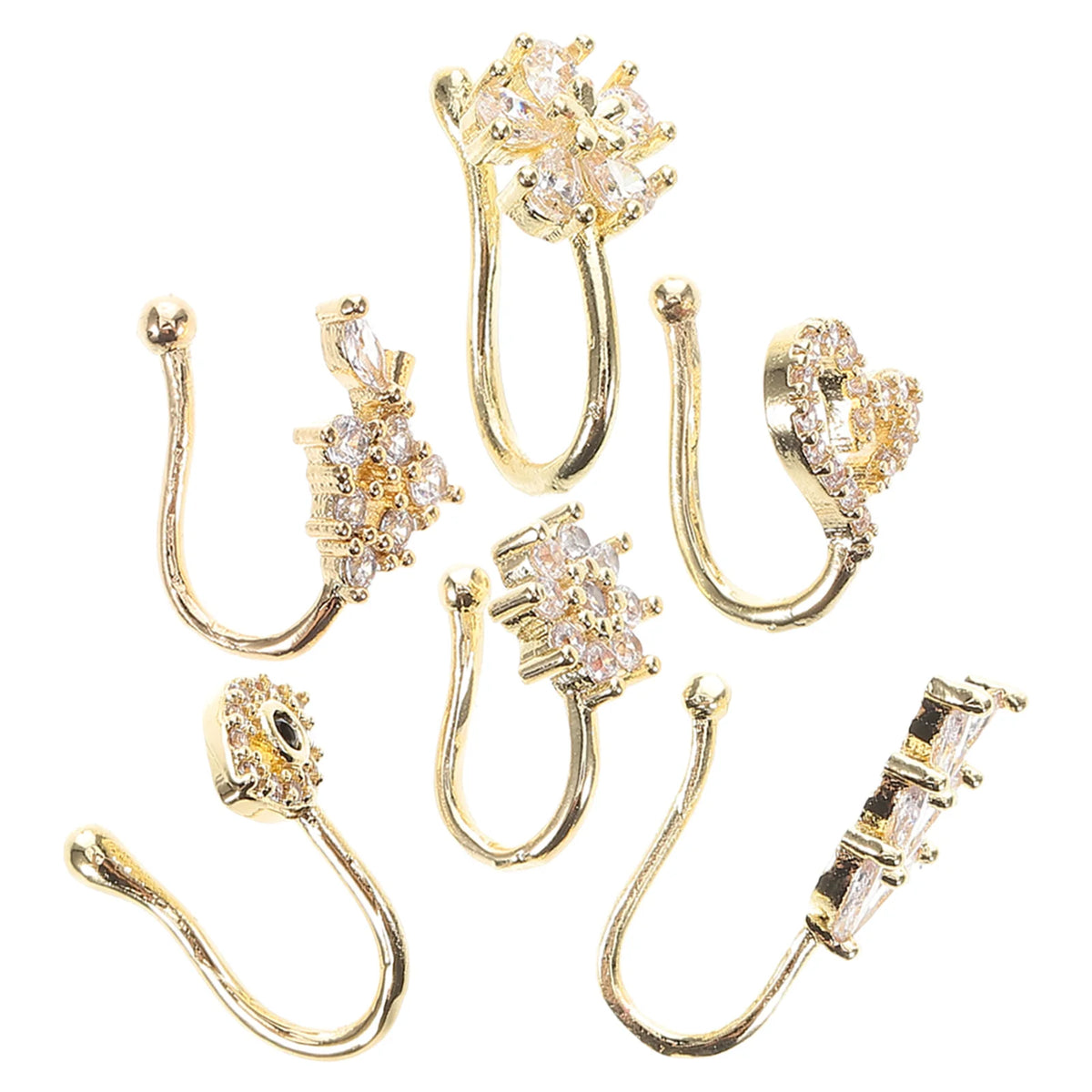 A set of six gold-toned non-piercing nose cuffs featuring floral and geometric designs.