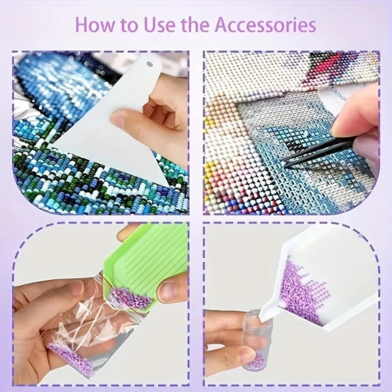 A set of diamond painting accessories showing an applicator pen and a tool for applying glitter or adhesive to the canvas.