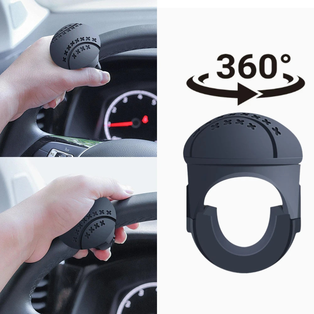 A black 360 degree steering wheel knob is shown being used for one-hand control, with an inset demonstrating its full circula