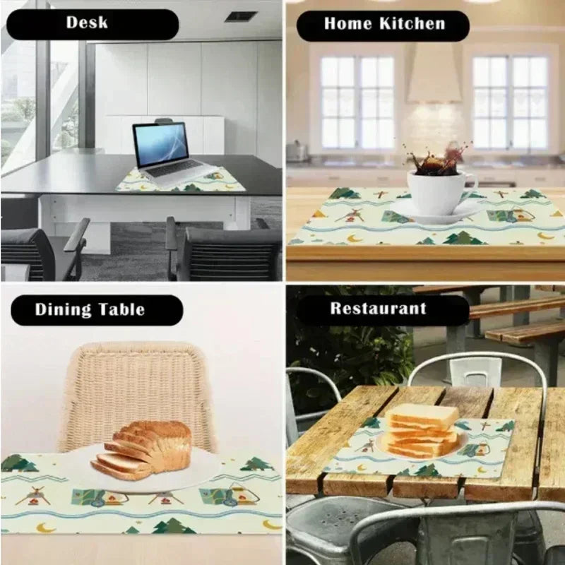 A set of waterproof geometric table runners and placemats featuring various patterns on wooden tables.