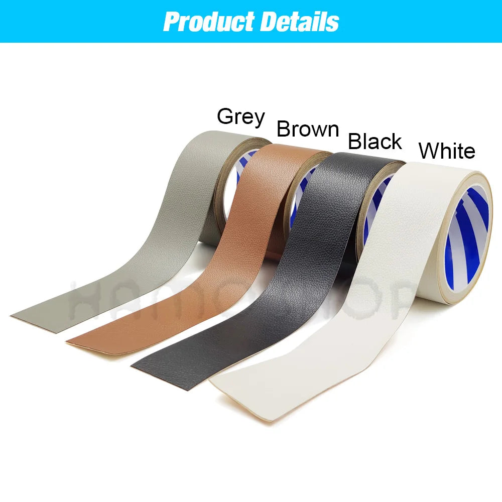 Rolls of self-adhesive PU leather repair patches in various colors including grey, brown, black, and white.