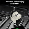 A white car charger with a connector is shown next to an iPhone, demonstrating one-touch fast charging.
