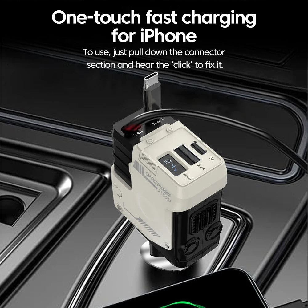 A white car charger with a connector is shown next to an iPhone, demonstrating one-touch fast charging.