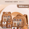 A brown kids school backpack featuring a capybara design with colorful embroidery and pockets.