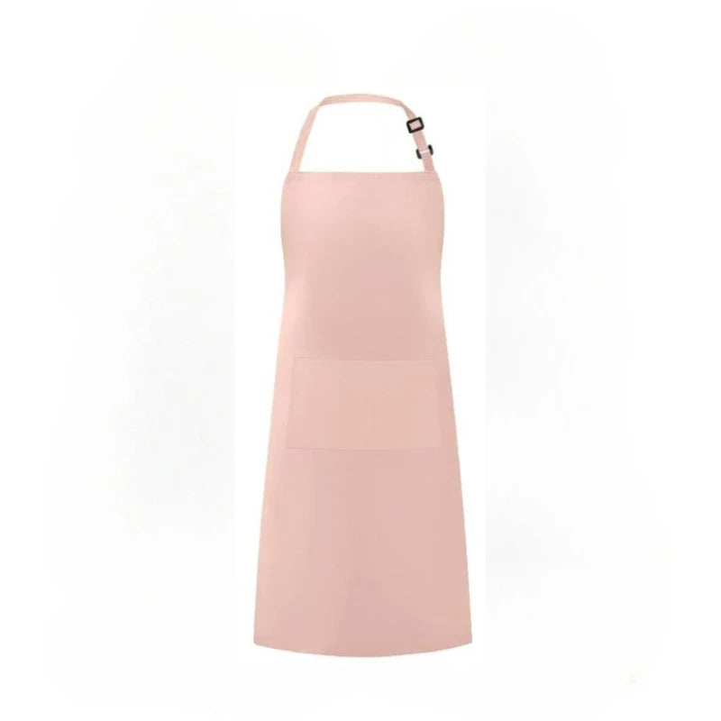 A light pink unisex water-resistant bib apron with a strap and front pocket.