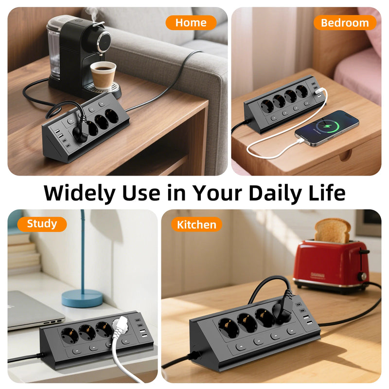 Corner Desktop Power Strip with Independent Switches and USB Ports