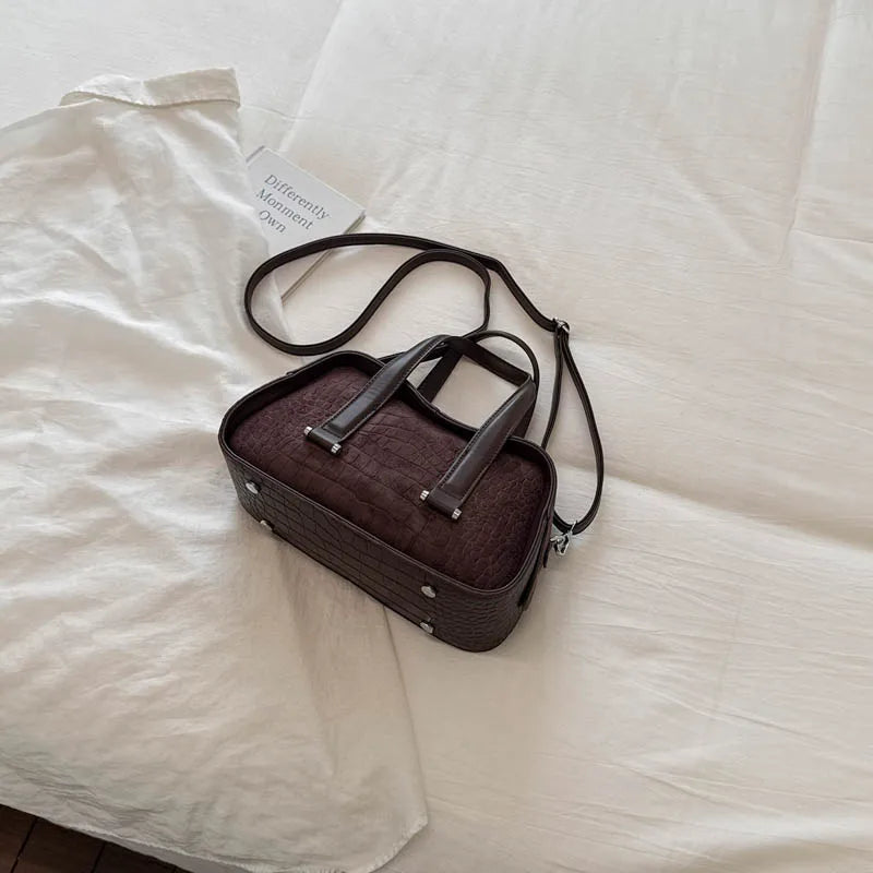 Vintage Croc-Embossed Mini Boston Bag with Dual Straps