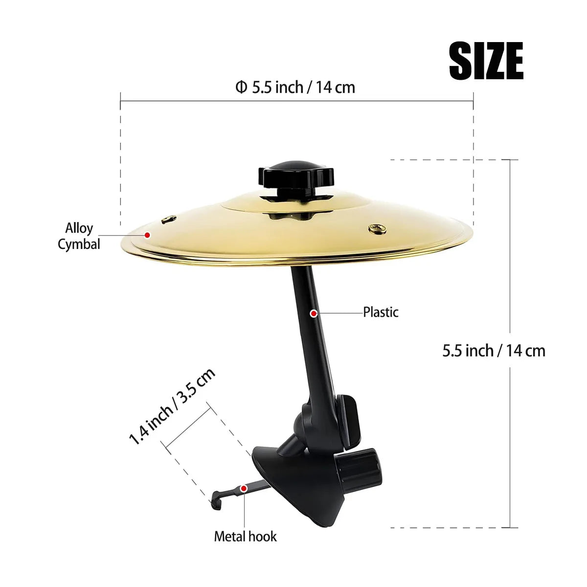 Cymbal miniature noir et or avec support en plastique et crochet en métal.