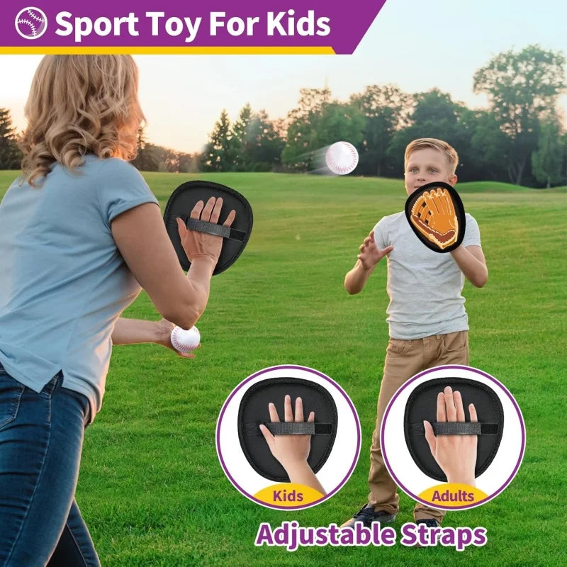 A woman is tossing a ball toward a boy outdoors, demonstrating an adjustable strap toy for kids and adults.