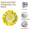 A yellow compress ice pack with a fruit hope love design and a metal heat compress shown next to it.