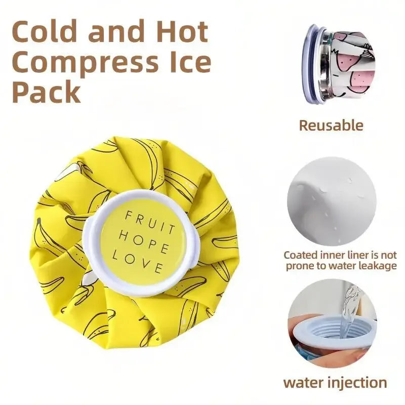 A yellow compress ice pack with a fruit hope love design and a metal heat compress shown next to it.