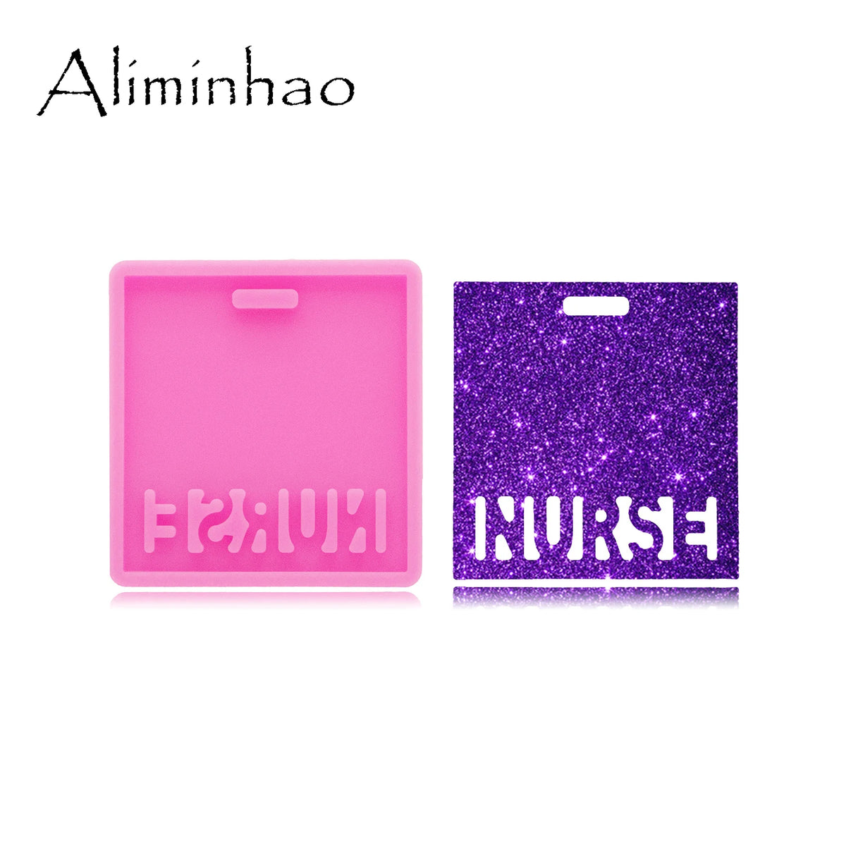 A pink silicone resin mold with the word NURSE molded into it, next to a purple glitter mold with the word NURSE.