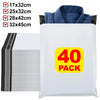 A pack of 40 sturdy waterproof poly mailers with self-adhesive seals, showing various sizes and a folded shirt.