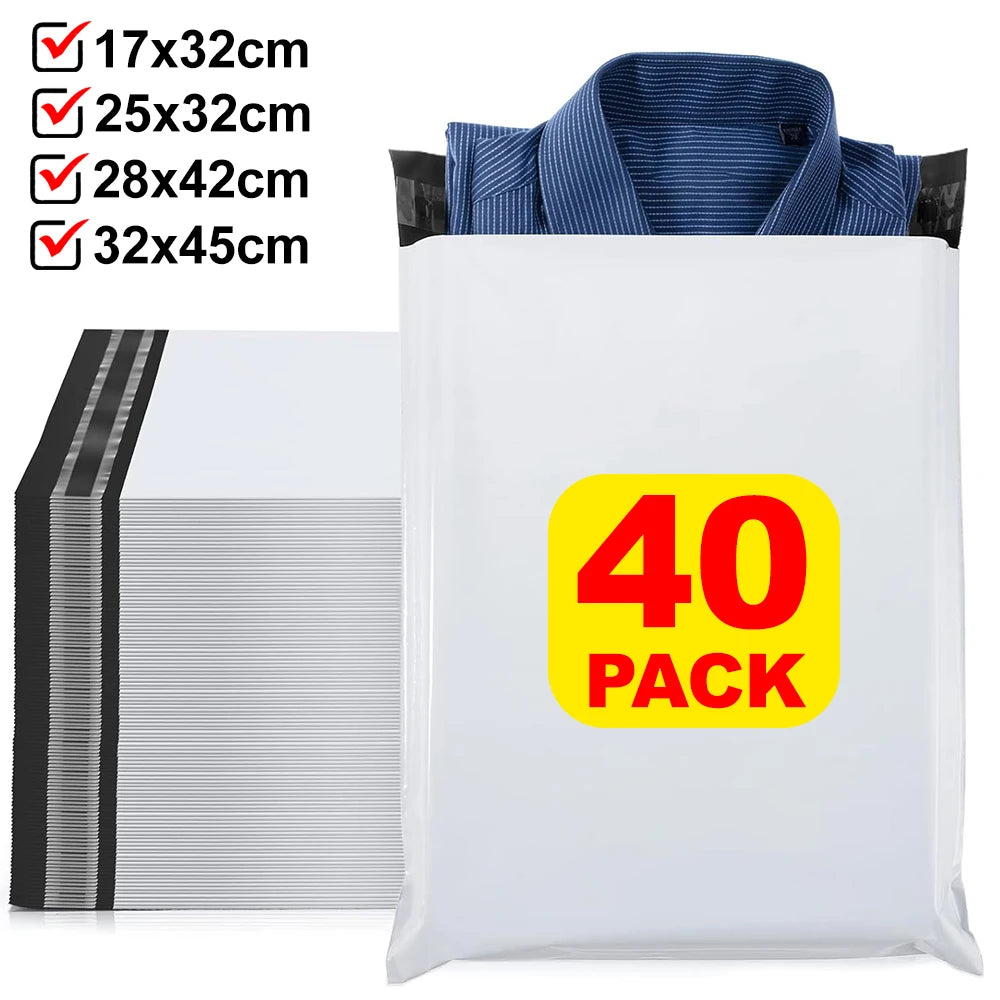 A pack of 40 sturdy waterproof poly mailers with self-adhesive seals, showing various sizes and a folded shirt.