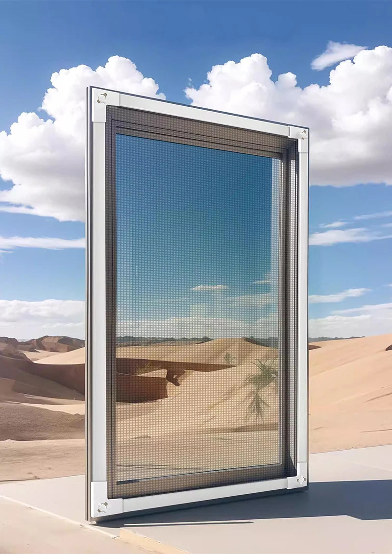 A rectangular magnetic window mosquito net framed in silver metal, set against a desert landscape.