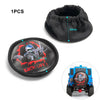 A black fabric item with a red graphic and text on it, shown next to a small RC vehicle.