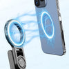 A magnetic selfie stick tripod with a fill light is shown next to a smartphone, demonstrating its installation and use.